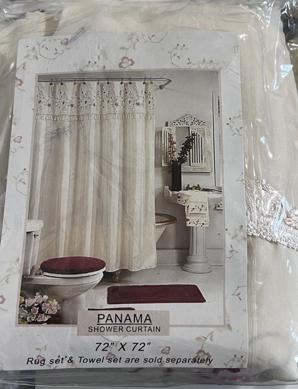 PANAMA Embroidered Floral Tassel Shower Curtain Ivory Pink Romantic Cottagecore